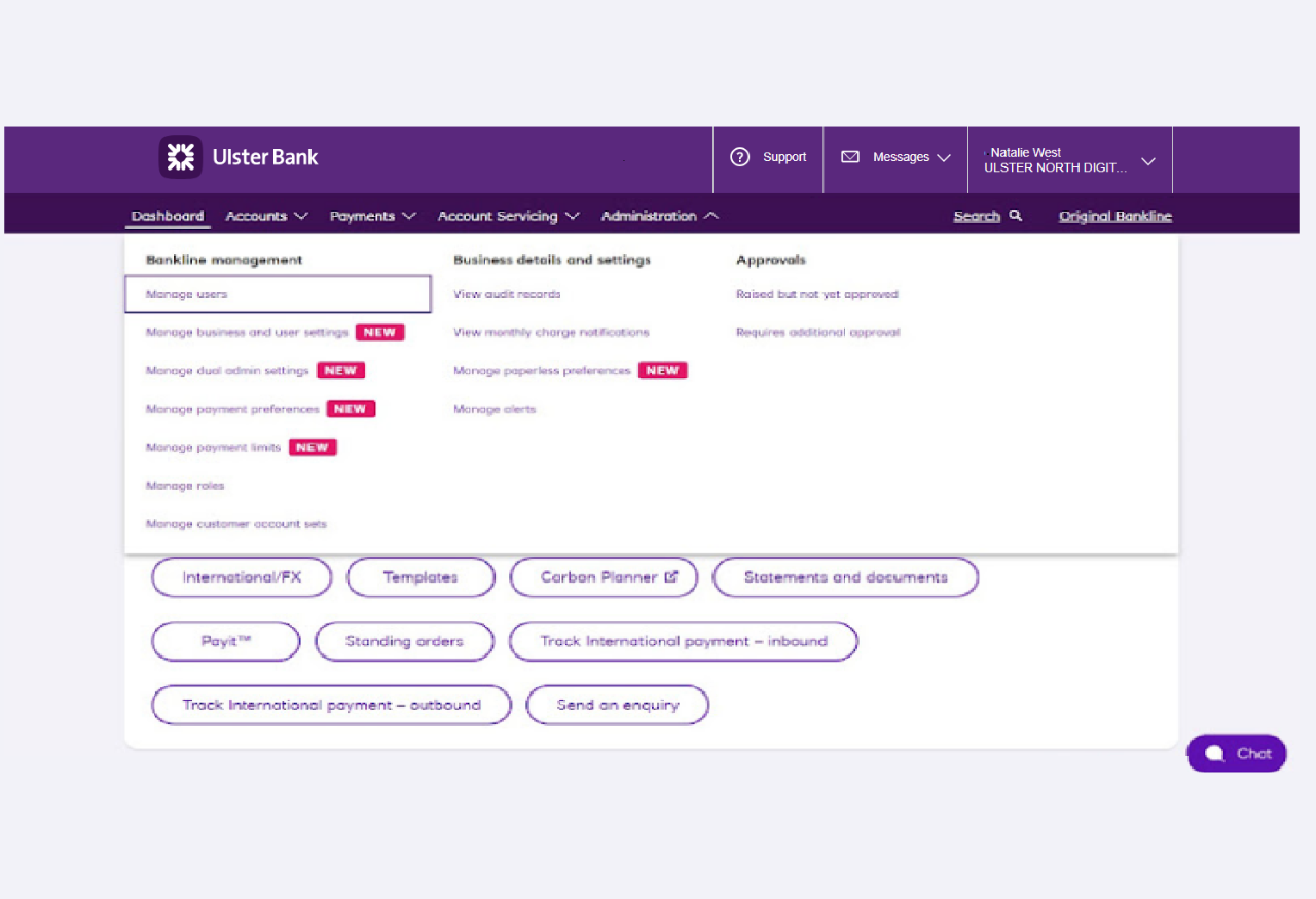 An image of the Bankline administration section