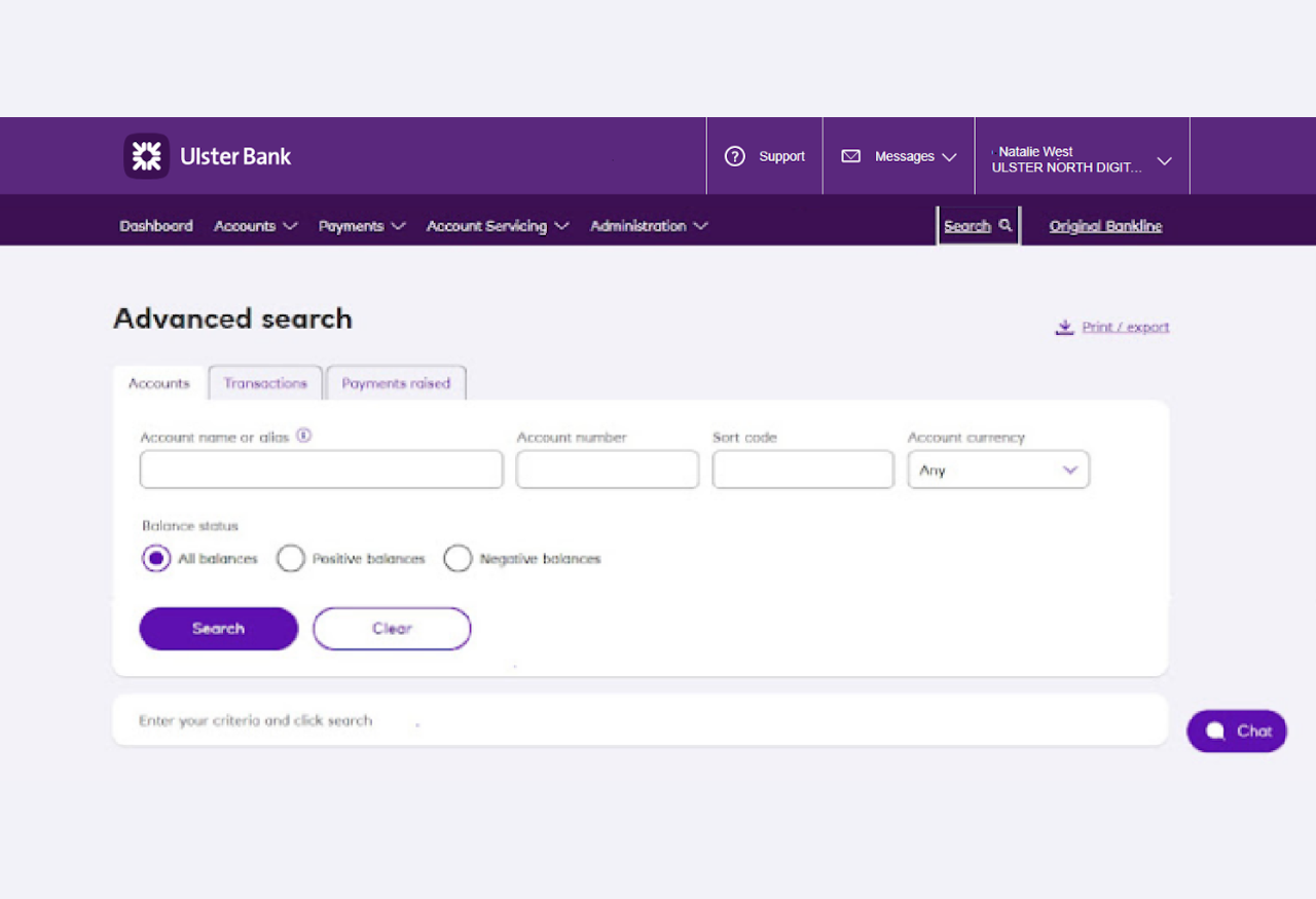 An image of the Bankline search section