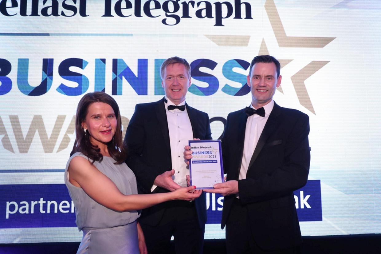 Almac Group receiving the Overall Business of the Year Award at the 2022 Belfast Telegraph Business Awards in partnership with Ulster Bank