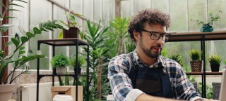 man working on laptop in a conservatory full of plants