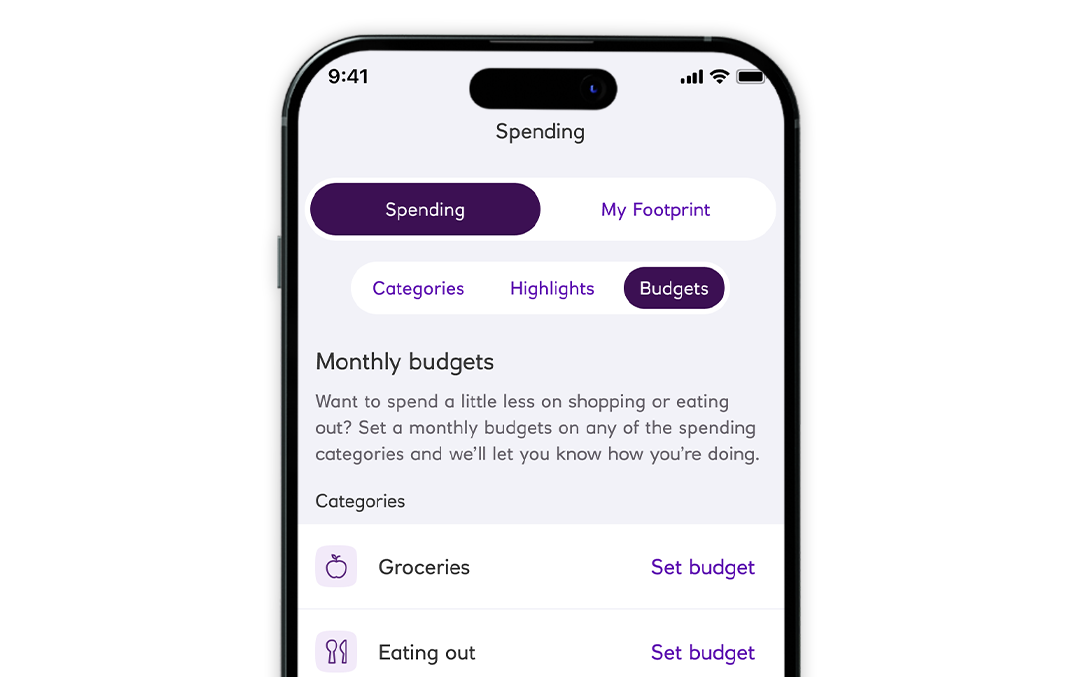 Mobile banking app screenshot showing Budget tracking feature
