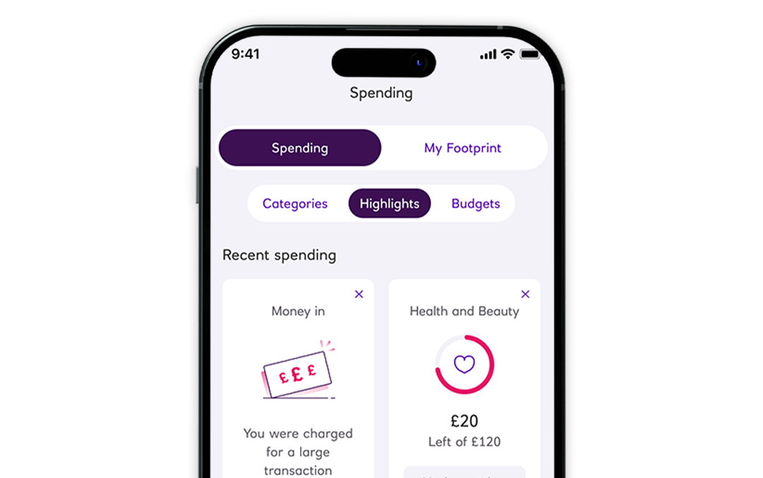 Mobile banking app screenshot showing Spending newsfeed
