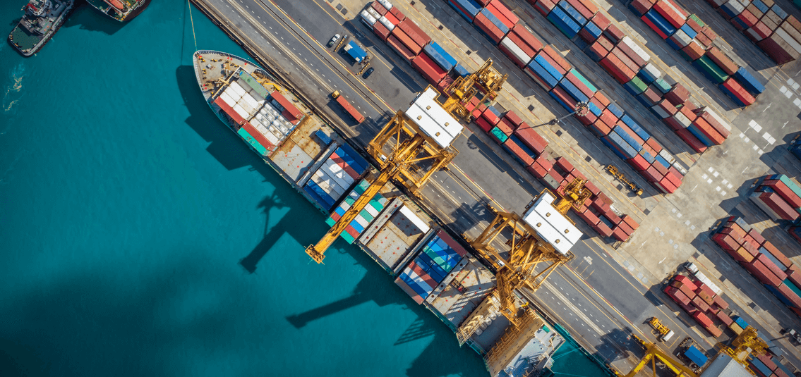 aerial view of a container ship in the docks