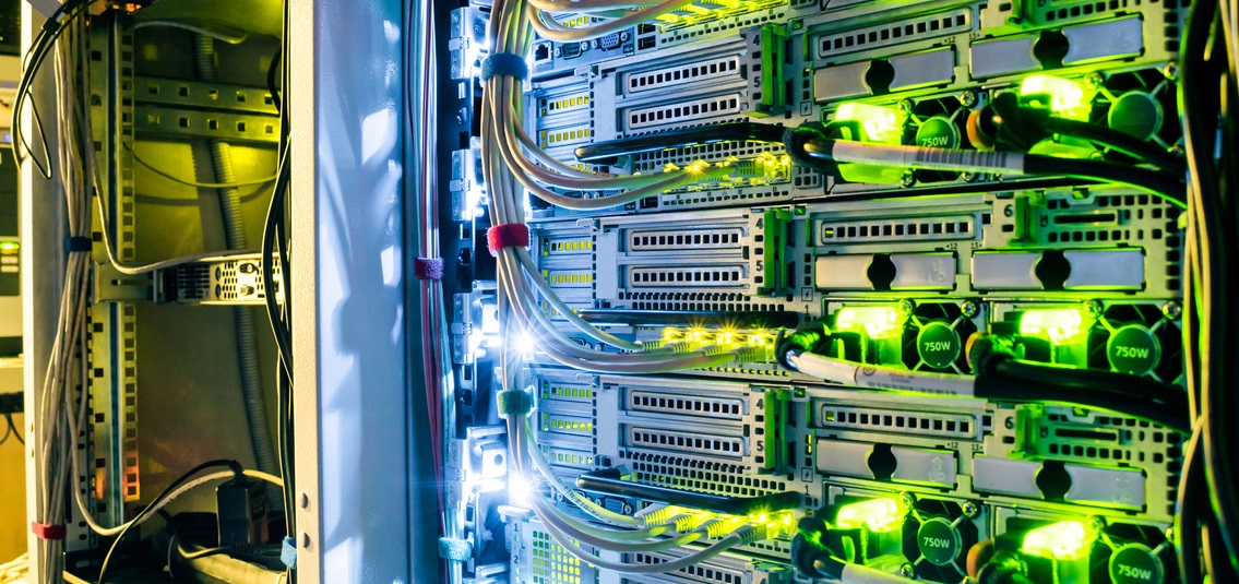 close up photo of the back of a rack of computer servers