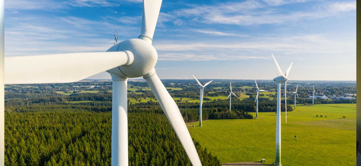 photo of a line of wind turbines stretching across fields