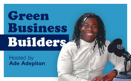 Green business builders logo and photo of Ade Adepitan