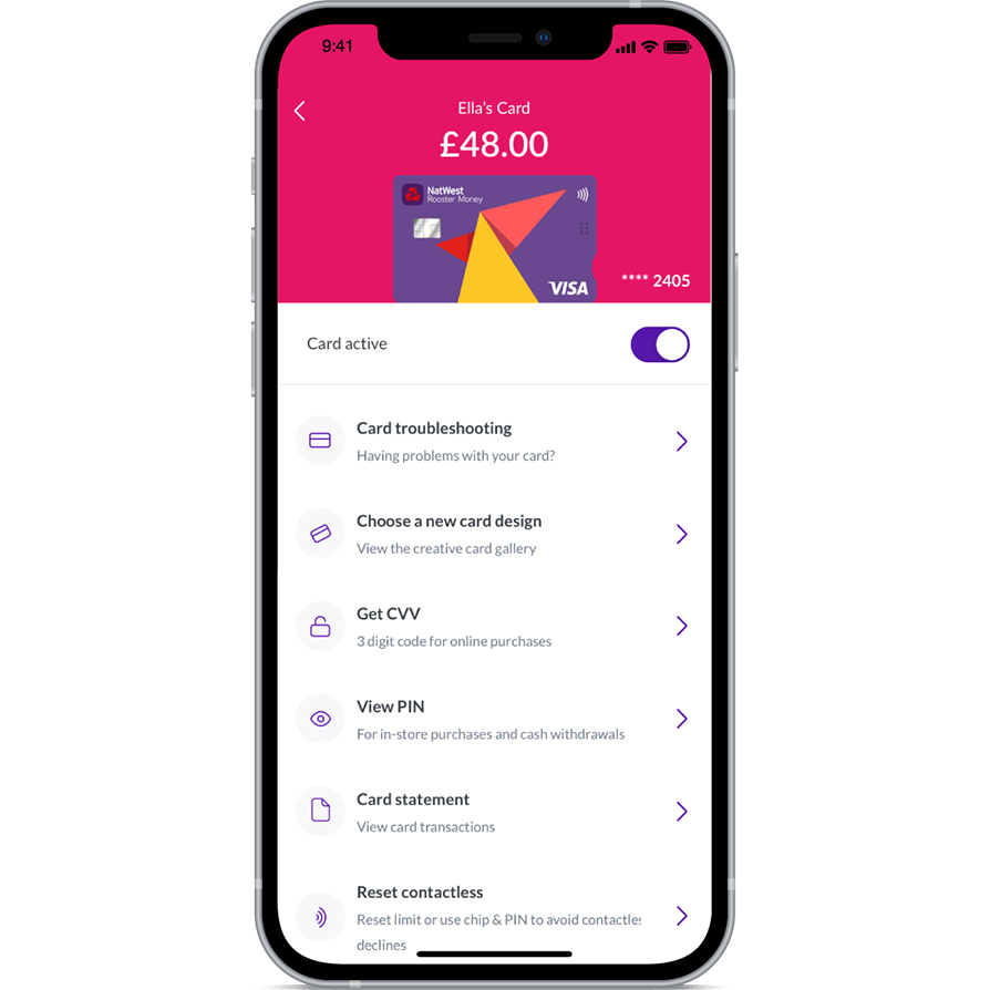 card controls in rooster app