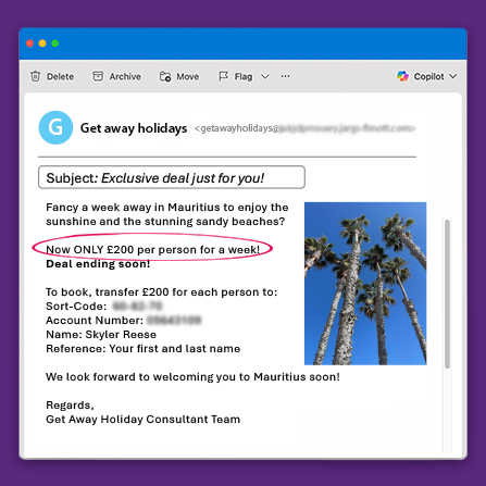 Example of a scam email highlighting an offer that may be fake