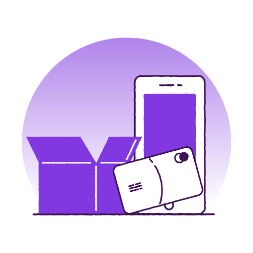 A purple illustration of a box next to a mobile phone and a bank card in the middle of both