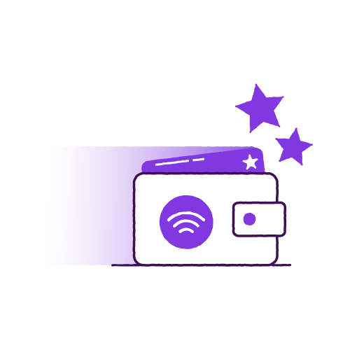An illustration of a wallet with a a card inside and a contactless symbol in it
